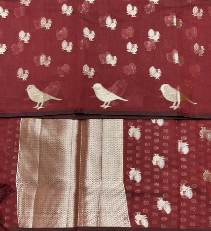Silk Cotton Saree Maroon Colour with Peacock and Sparrow Butta
