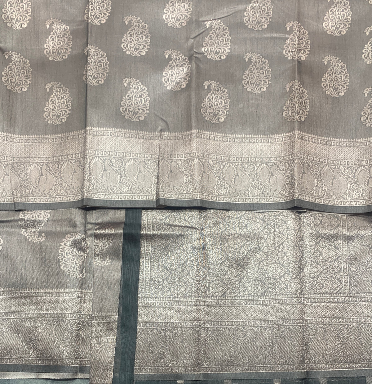 Semi Jute Silk Saree – Grey with Silver Zari Border (Style 1)