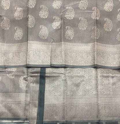 Semi Jute Silk Saree – Grey with Silver Zari Border (Style 1)