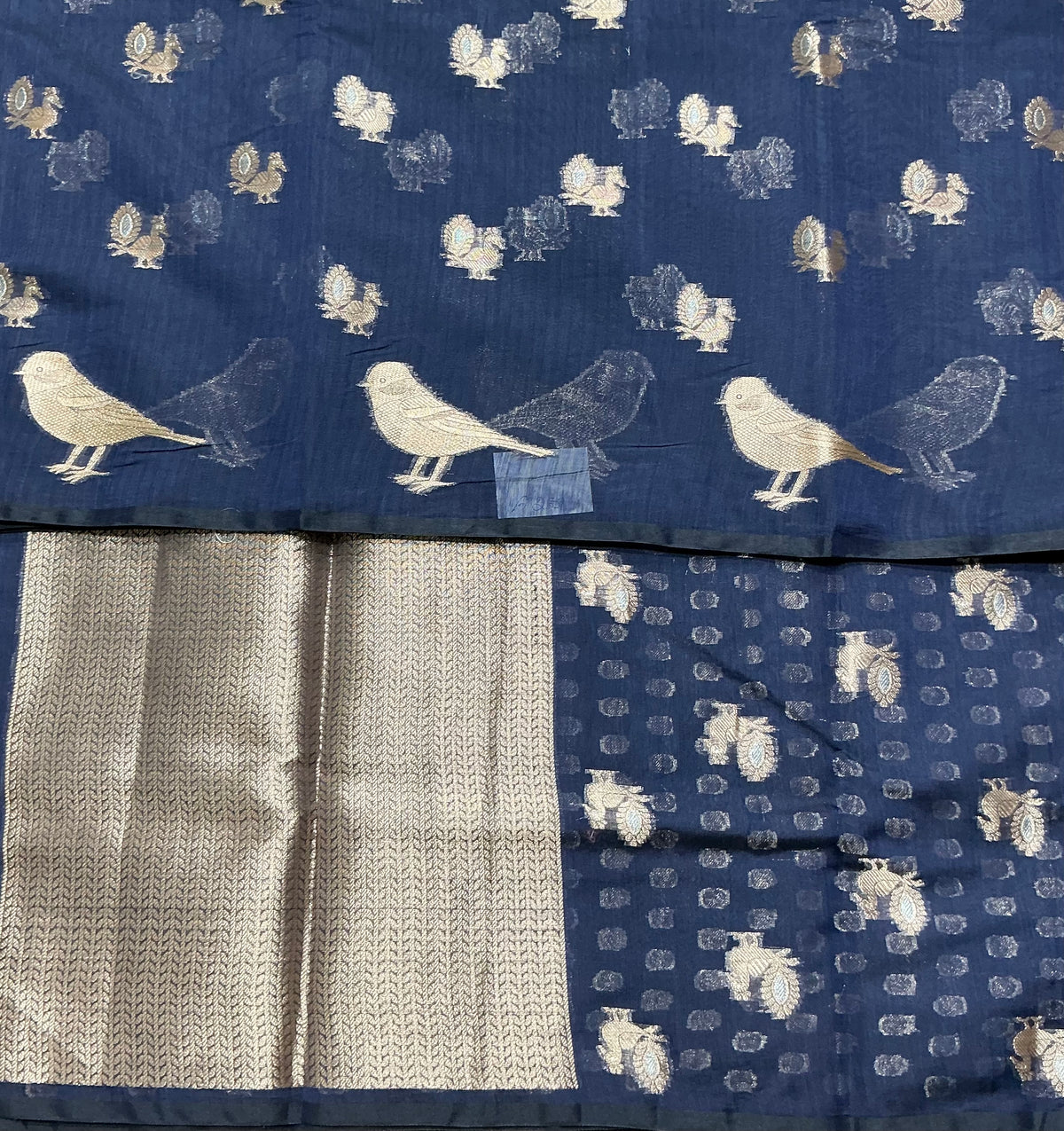 Silk Cotton Saree Blue Colour with Peacock and Sparrow Butta