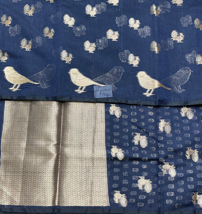 Silk Cotton Saree Blue Colour with Peacock and Sparrow Butta
