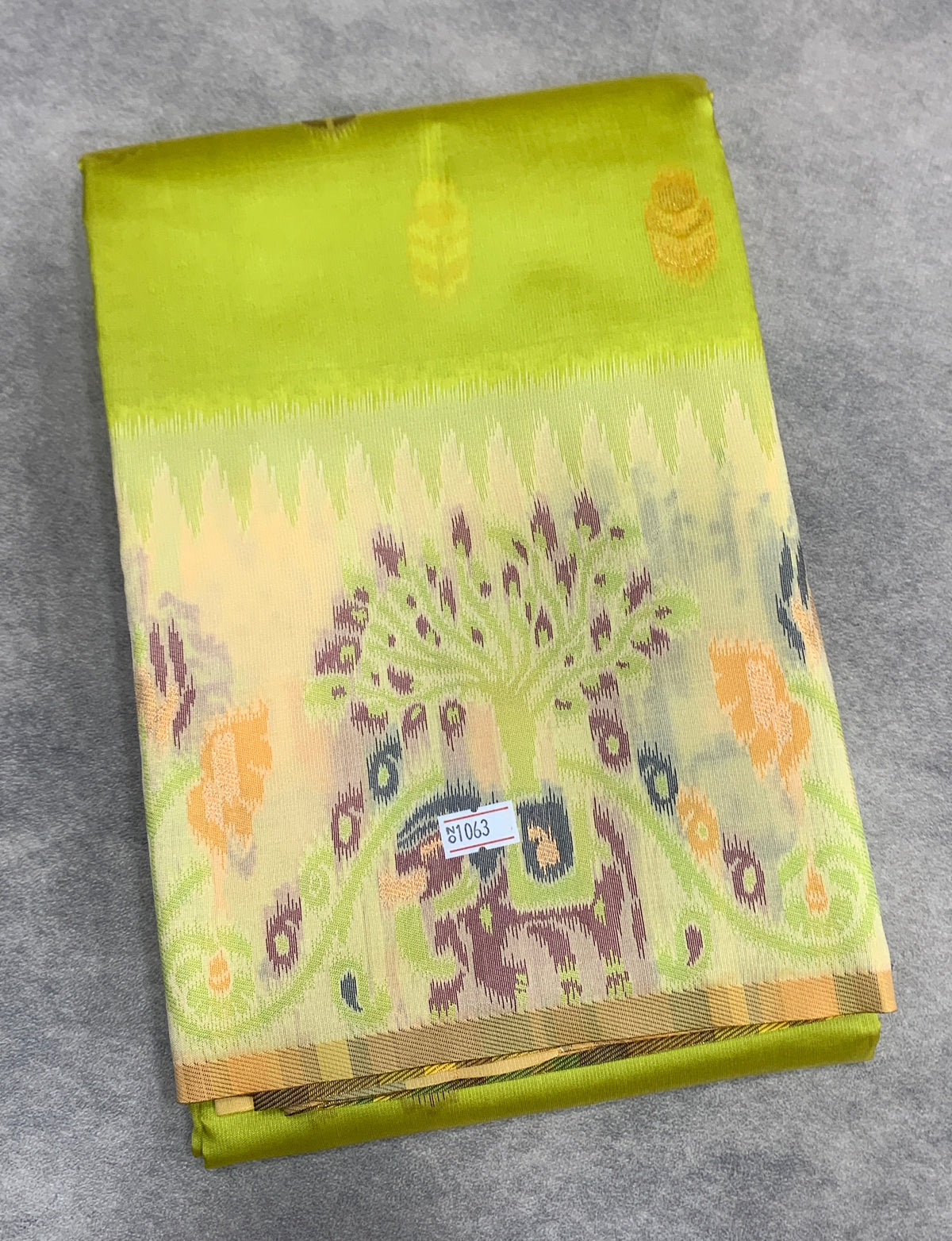 Apple Green Colour Satin Saree with Light Yellow Colour Ikat Border