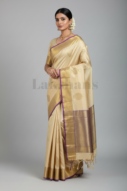 Cream Colour Pure Kanjivaram Silk Saree with Contrasting Deep Purple Border
