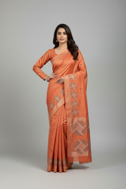 Orange Tussar Saree with Embroidery Work Border