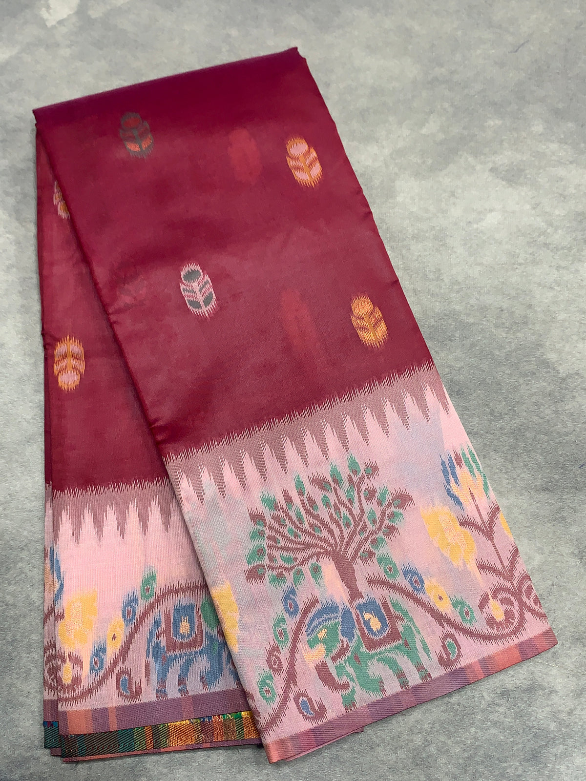 Maroon Colour Satin Saree with Light Pink Colour Ikat Border