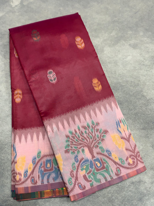 Maroon Colour Satin Saree with Light Pink Colour Ikat Border
