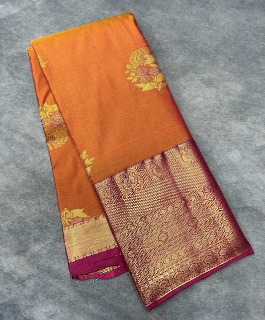 Orange Color Vegan Silk saree with Pink Color with Mango Design border
