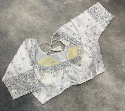 Ready-to-Wear Embroidered Silk Blouse - White (Golden Embroidery)