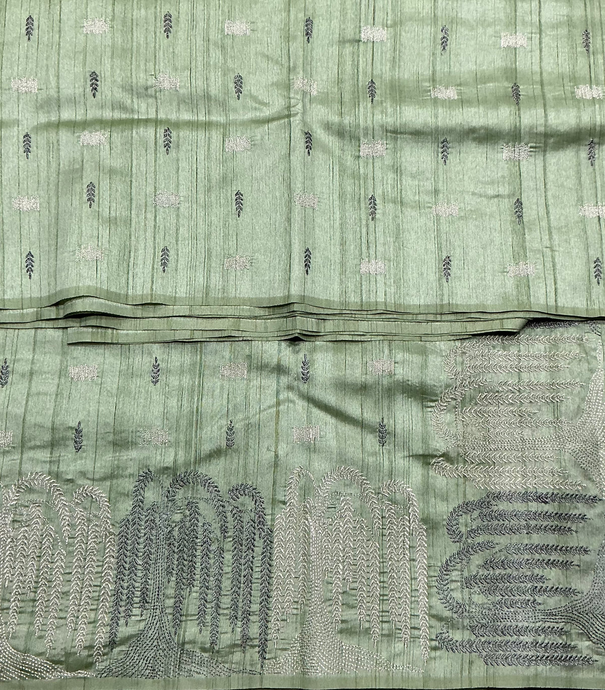 Pista Green Tussar Saree with Embroidery Work Border