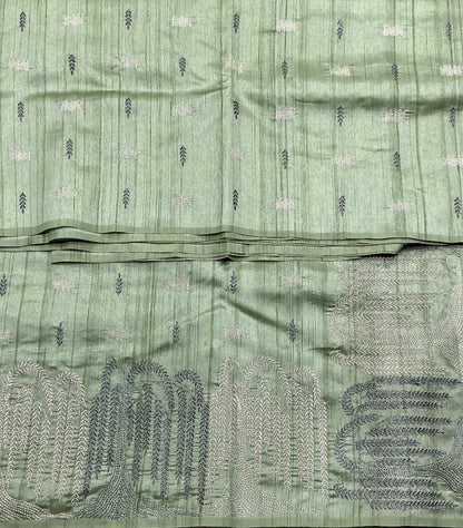 Pista Green Tussar Saree with Embroidery Work Border