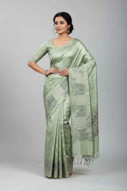 Pista Green Tussar Saree with Embroidery Work Border