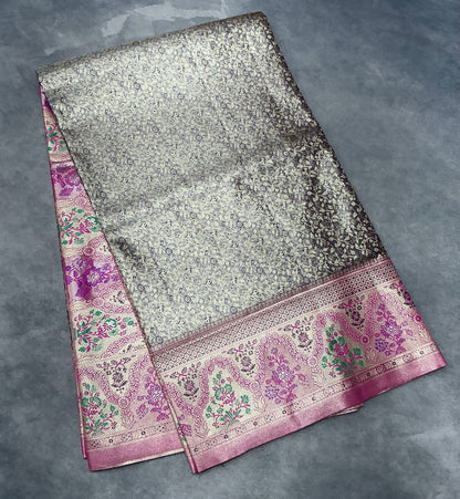 Greyish Blue Color Tissue Saree with contrast Pink Color border