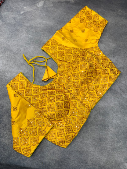 Ready-to-Wear Embroidered Silk Blouse - Yellow (Silver Embroidery)