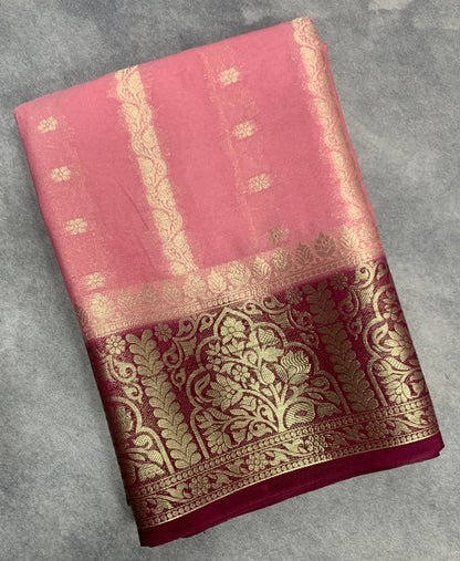 Onion Pink Colour Mysore Crepe Silk Saree with Brown Colour Border