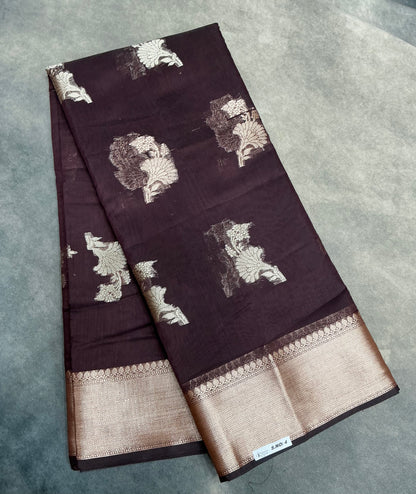 Semi Banarasi Saree Brown Colour with Sliver Zari Border