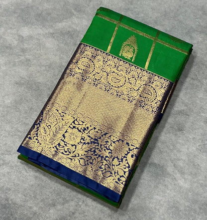 Emerald Green Kanjivaran Style Vegan Silk saree with Zari checks