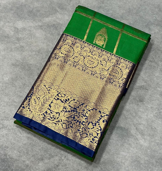 Emerald Green Kanjivaran Style Vegan Silk saree with Zari checks