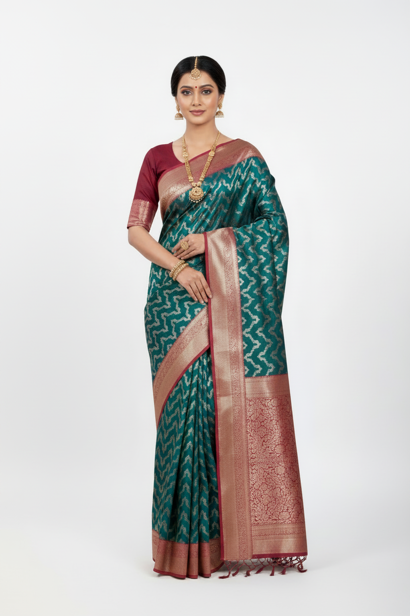 Sky Blue Color Vegan Silk saree with Red Color order