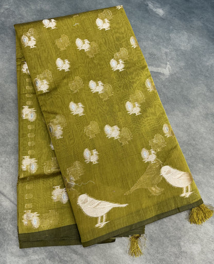 Silk Cotton Saree Olive Green Colour with Peacock and Sparrow Butta