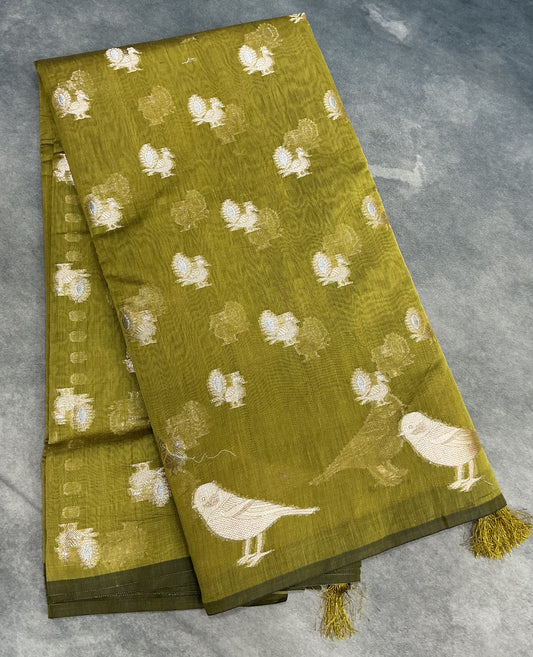 Silk Cotton Saree Olive Green Colour with Peacock and Sparrow Butta