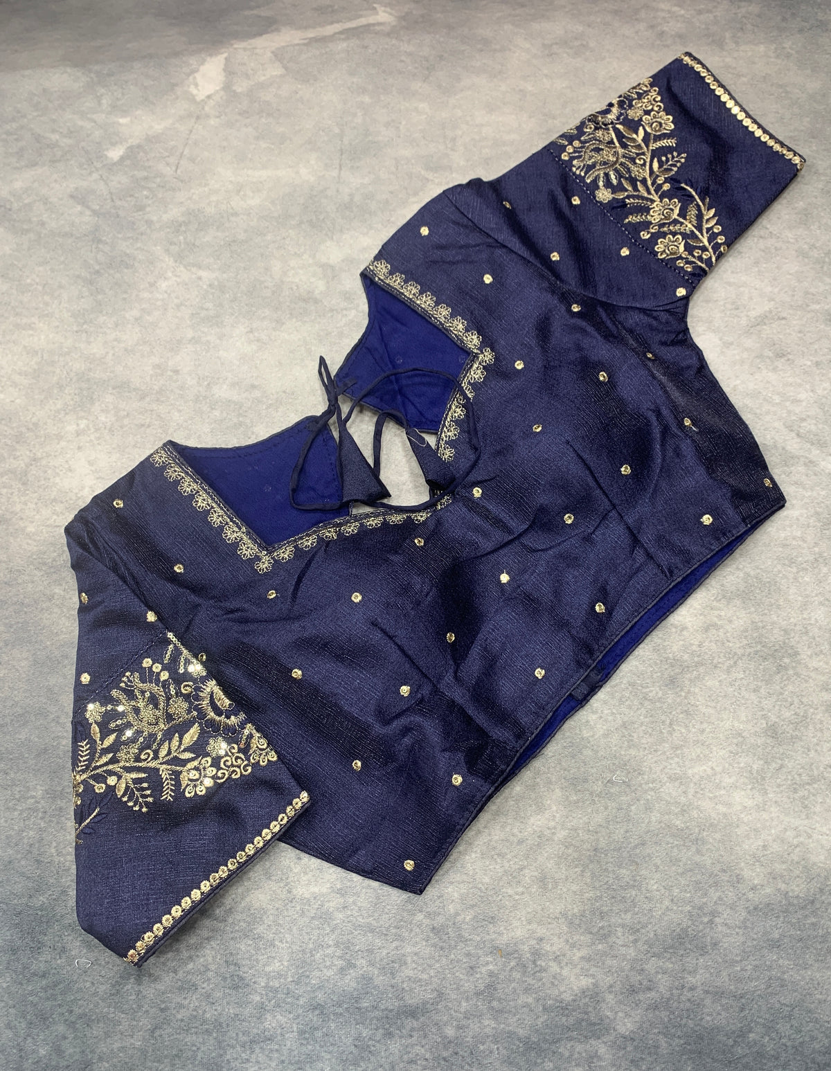 Ready-to-Wear Embroidered Silk Blouse - Navy Blue (Silver Embroidery)