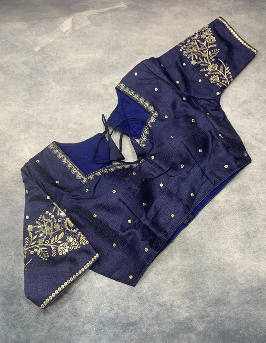 Ready-to-Wear Embroidered Silk Blouse - Navy Blue (Silver Embroidery)