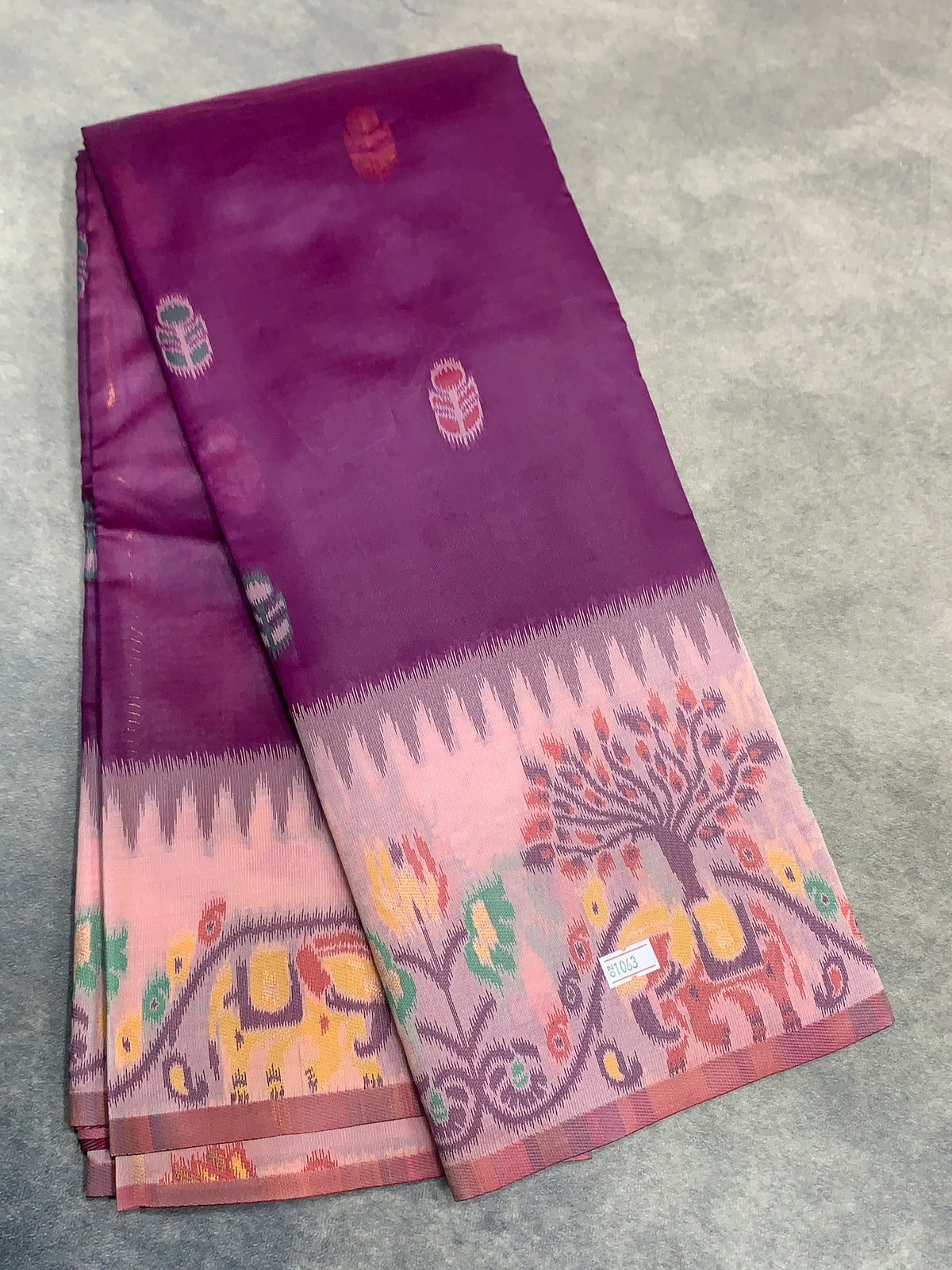 Purple Colour Satin Saree with Light Pink Colour Ikat Border