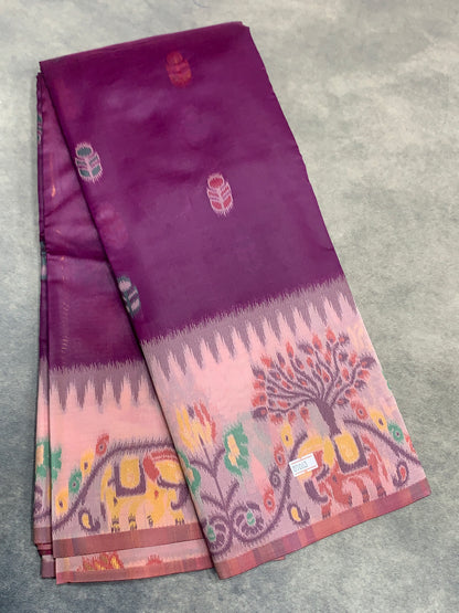 Purple Colour Satin Saree with Light Pink Colour Ikat Border