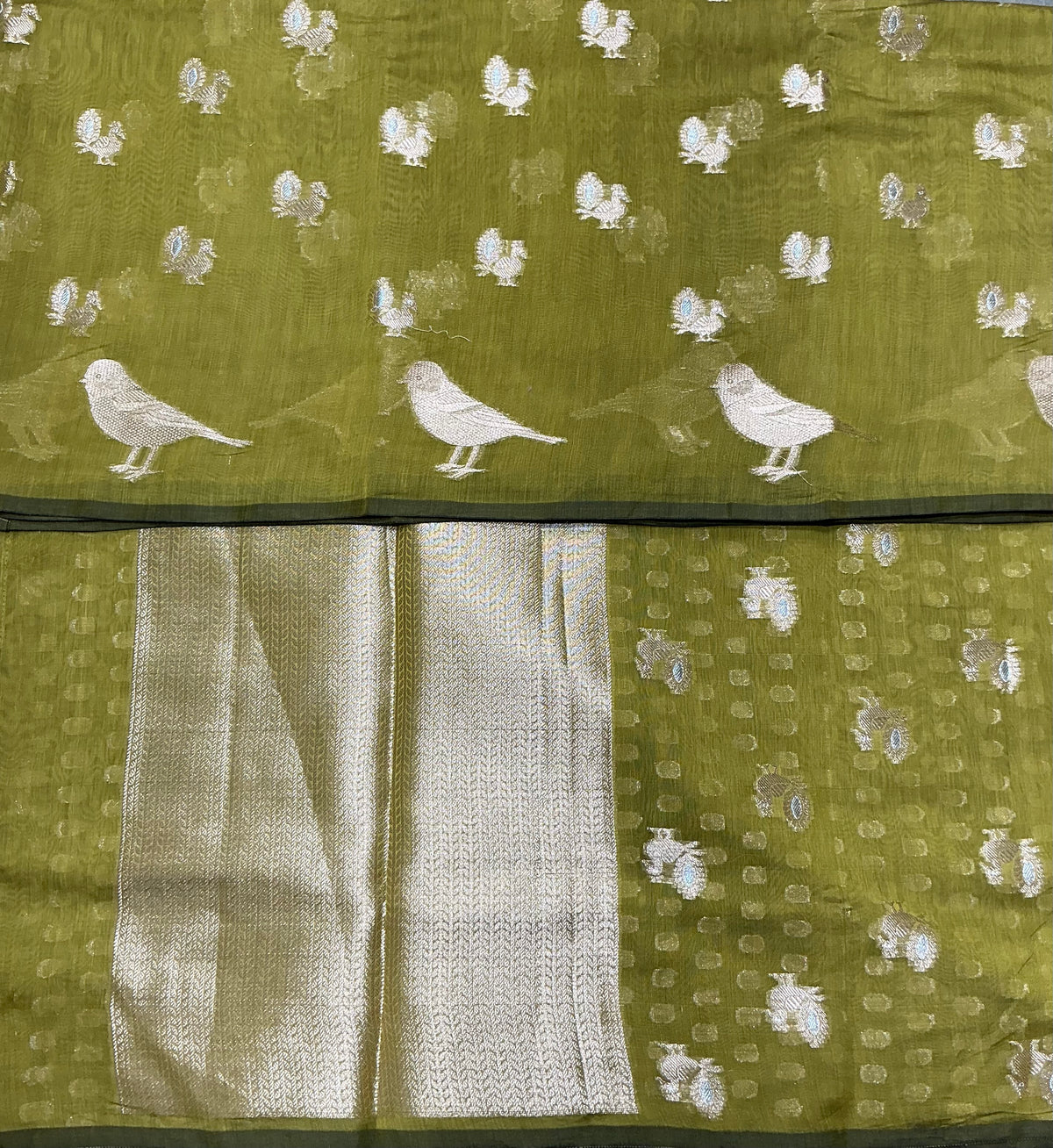 Silk Cotton Saree Olive Green Colour with Peacock and Sparrow Butta