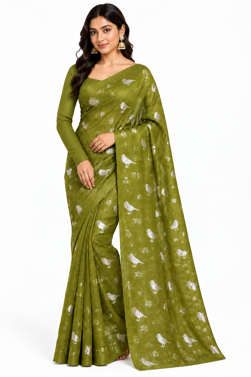 Silk Cotton Saree Olive Green Colour with Peacock and Sparrow Butta