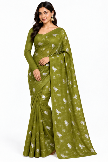 Silk Cotton Saree Olive Green Colour with Peacock and Sparrow Butta