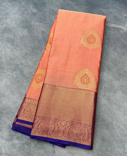 Peach Color Vegan Silk saree with Blue Colour with Floral Design border