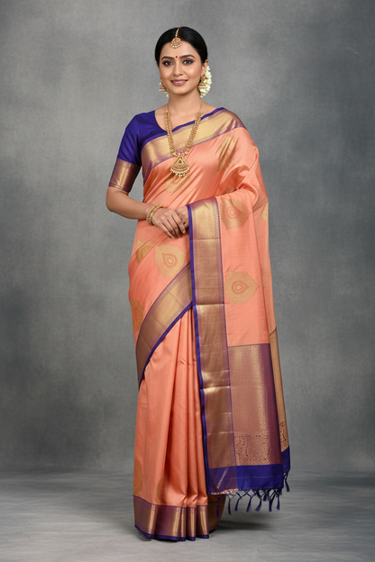 Peach Color Vegan Silk saree with Blue Colour with Floral Design border