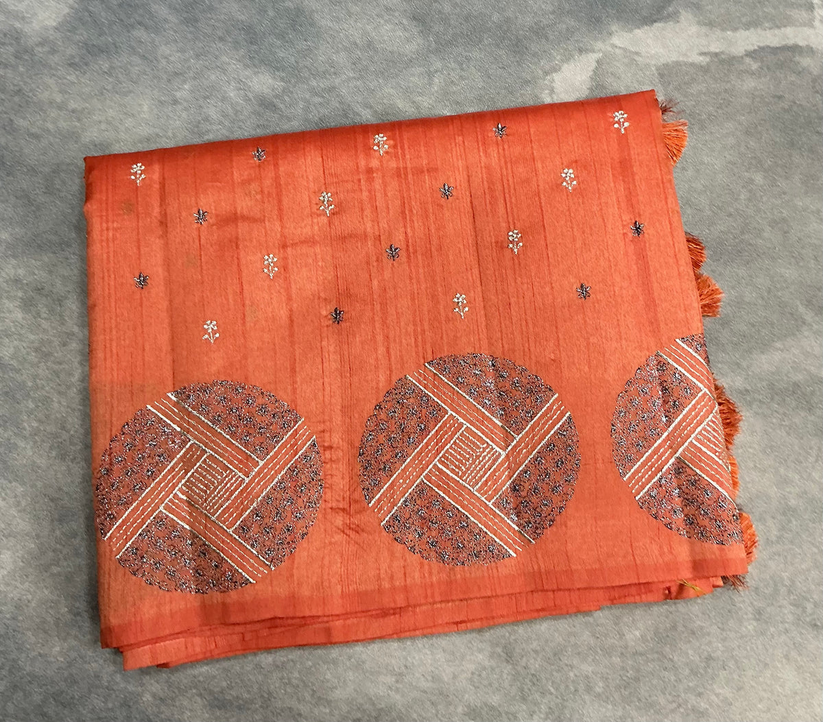 Orange Tussar Saree with Embroidery Work Border