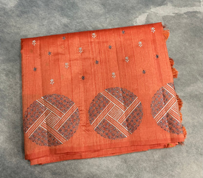 Orange Tussar Saree with Embroidery Work Border