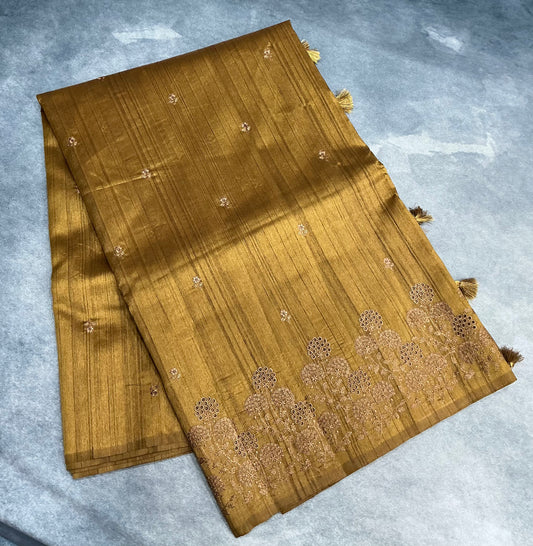 Mustard Yellow Tussar Saree with Cut Work Border