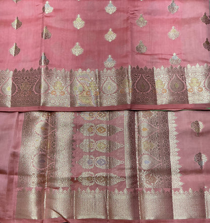 Semi Tussar Silk Saree Peach Pink Colour with Silver Zari Border