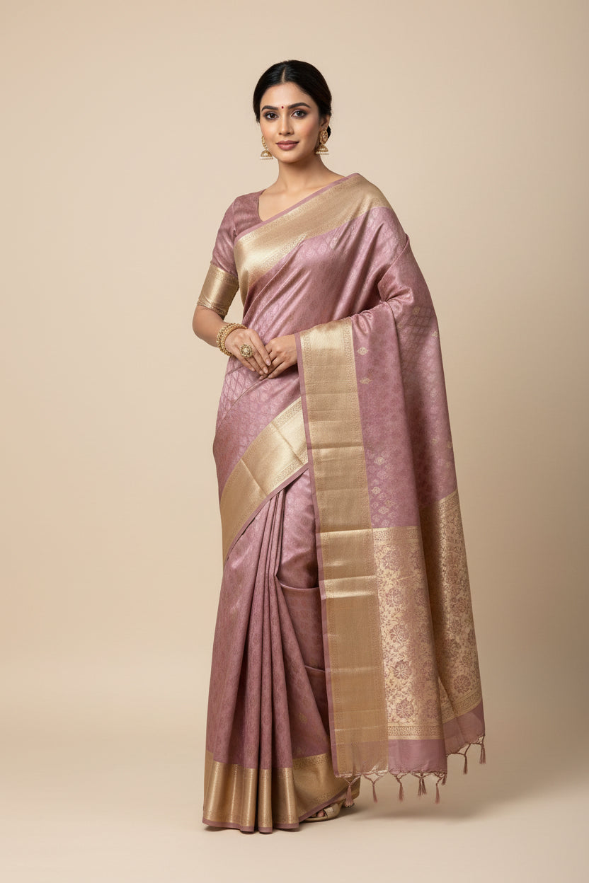 Onion Pink Colour Kanjivaram Silk Saree with Zari Border