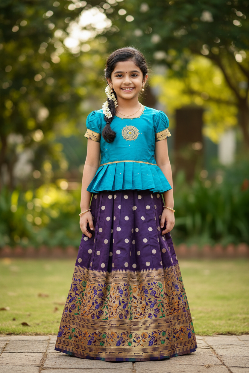 Ready To Wear Pavadai Sky Blue Colour with Dark Magenta Colour Blouse