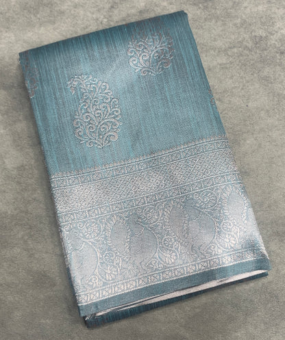 Semi Jute Silk Saree – Greyish Blue with Silver Zari Border