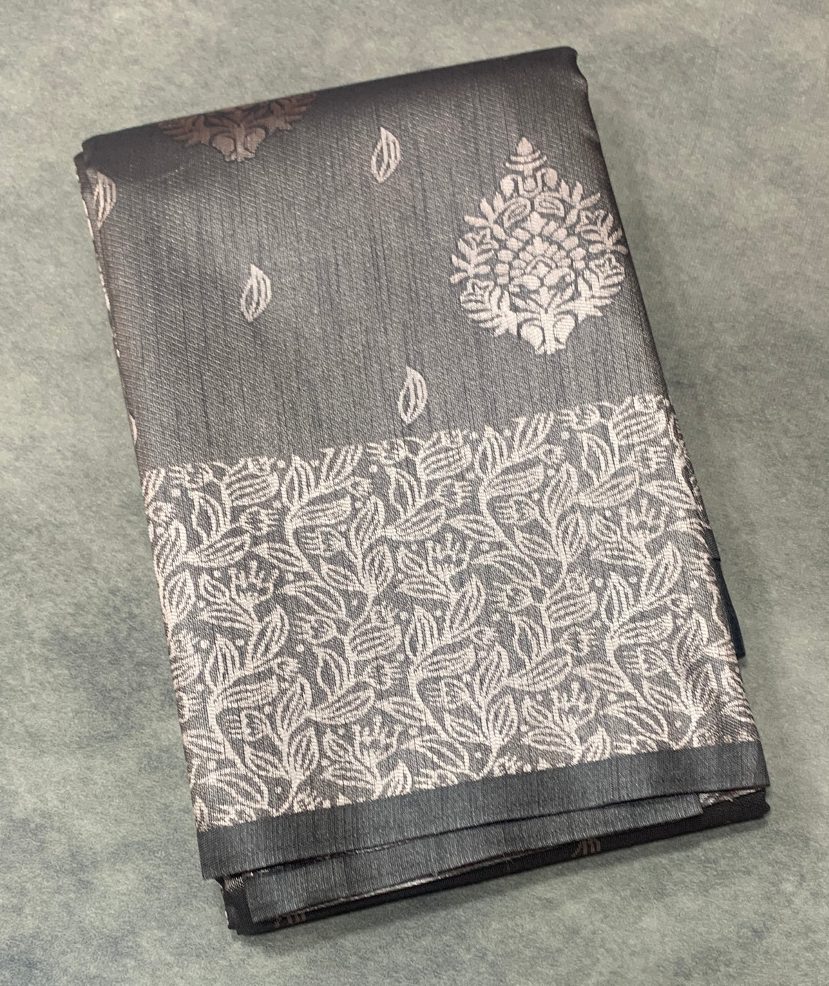Dark Grey Colour Semi Jute Silk Saree with Silver Zari Border