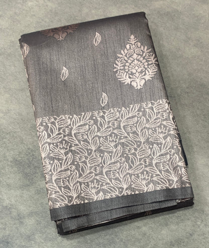 Dark Grey Colour Semi Jute Silk Saree with Silver Zari Border