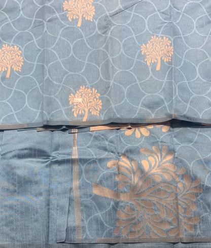 Sky Blue Colour Jute Silk Saree with Balloon Butta, Borderless