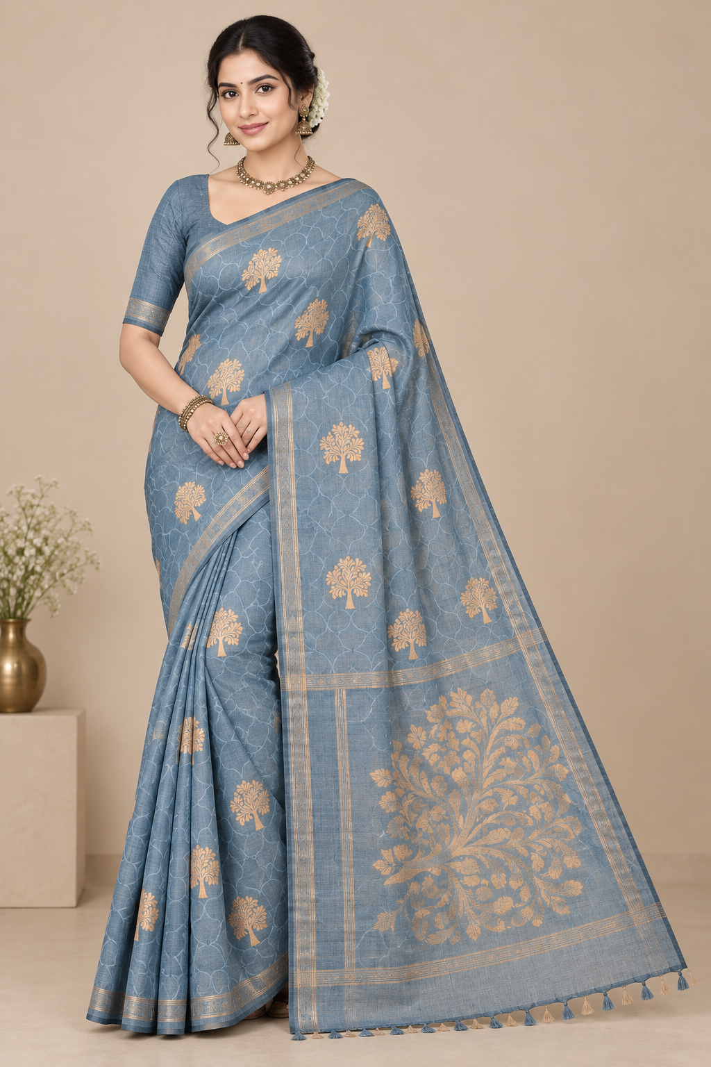 Sky Blue Colour Jute Silk Saree with Balloon Butta, Borderless