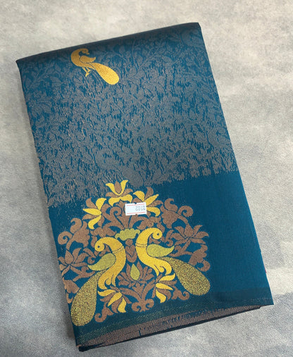 Rama Blue Colour Semi Silk Saree with Peacock Motif
