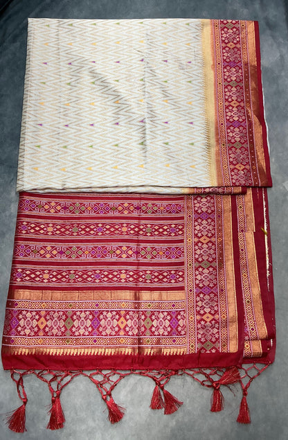 Ivory White & Crimson Red Ikat Vegan Silk Saree