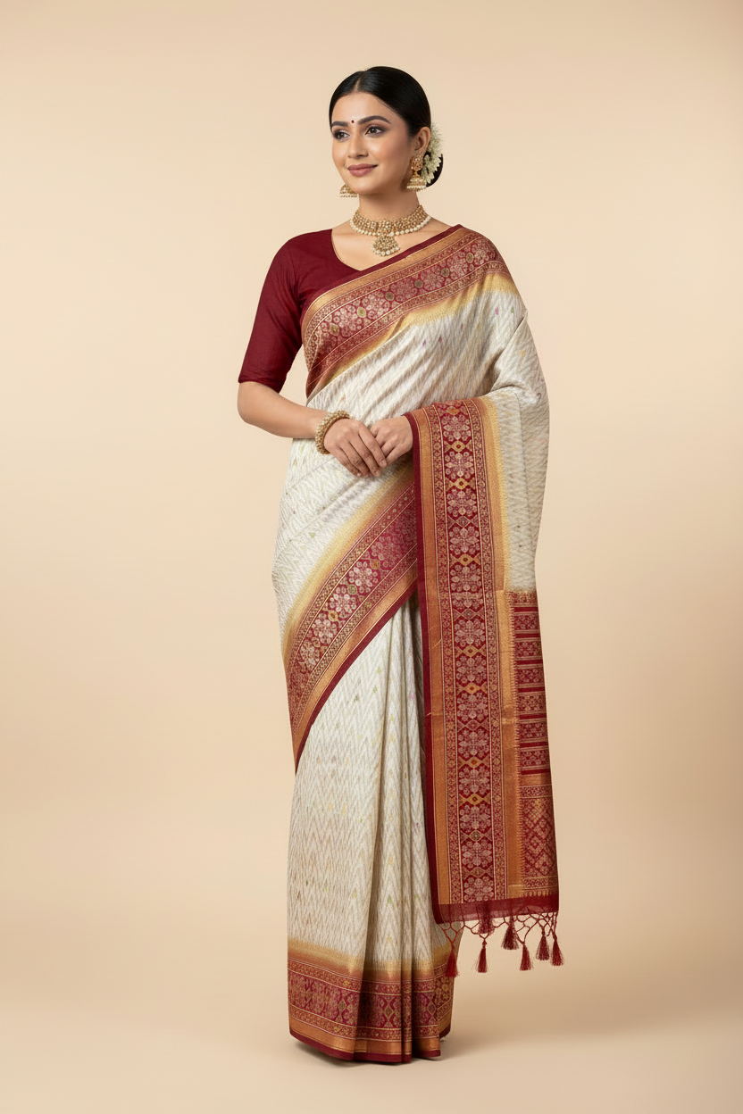Ivory White & Crimson Red Ikat Vegan Silk Saree