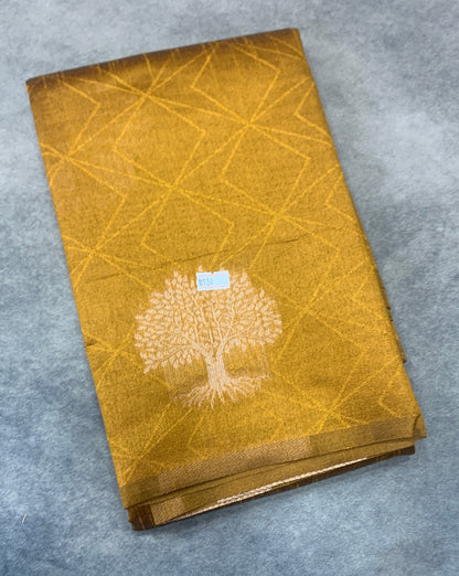 Mustard Colour Jute Silk Saree with Tree Butta, Borderless