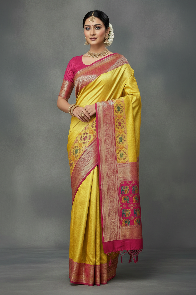 Yellow Tissue Patola Border Artificial Silk Saree