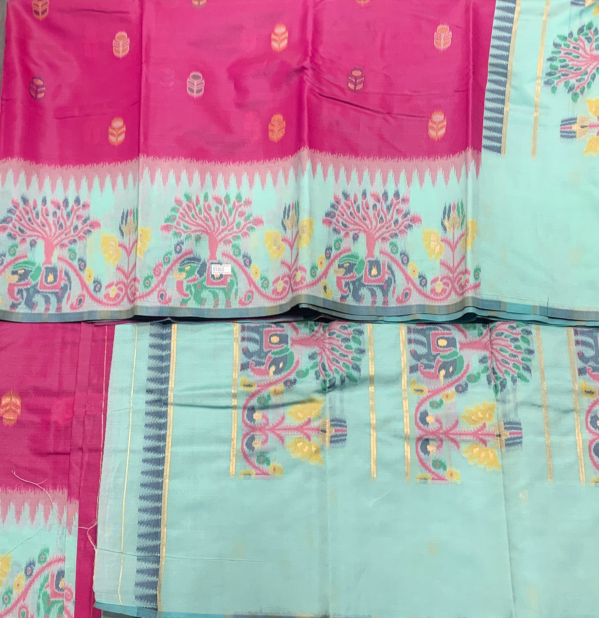 Pink Colour Satin Saree with Light Green Colour Ikat Border